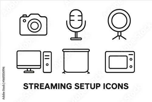 Streaming setup outline icon set. Vector line art symbols for streamer, vlogger, and gamer gear. Includes camera, microphone, ring light, PC, green screen, capture card.