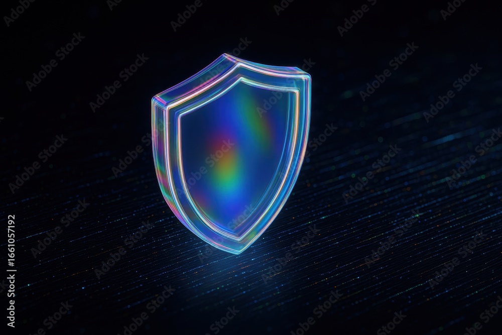 Fototapeta premium Colorful Transparent Shield Icon on Dark Background with Rainbow Reflections and Subtle Texture for Security and Protection Concepts