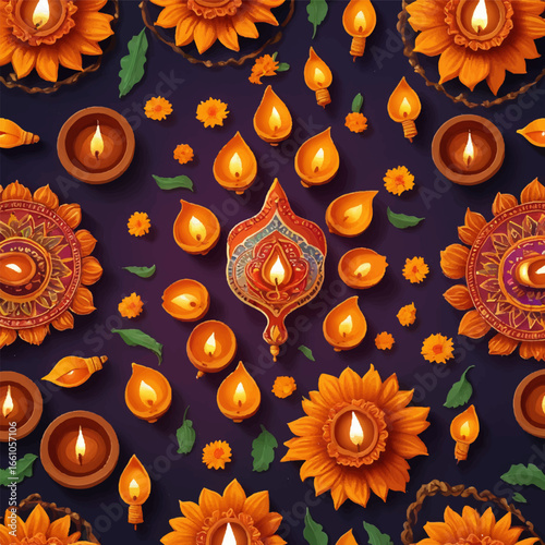 Traditional Clay Oil Lamps with Marigold Garlands and Hanging Lanterns – Festive Diwali Background