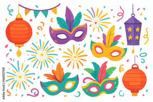 Carnival celebration vector set with colorful masks, lanterns, and fireworks. Festive party decorations for Mardi Gras or festival. Isolated masquerade elements flat design illustration.