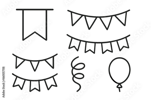 Party decoration line icon set. Birthday, festival and carnival celebration elements. Vector collection of bunting, flags, garlands, pennant, streamer and balloon illustration.