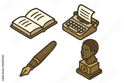 Black literature icons set. Isometric vector illustration of book, typewriter, pen, and literary award. African American author and Black history month cultural heritage concept.