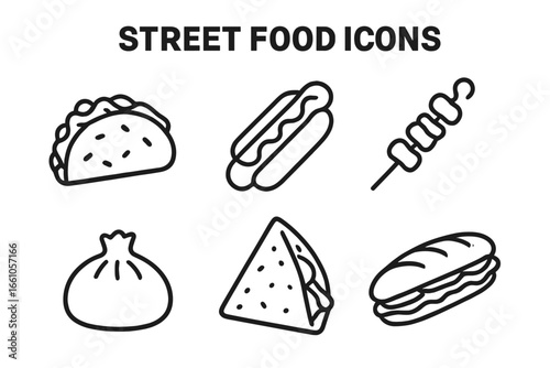 Street food icons outline set. Vector collection of popular international fast food. Includes taco, hot dog, kebab, dumpling, crepe, and bánh mì sandwich. Linear pictogram symbols.