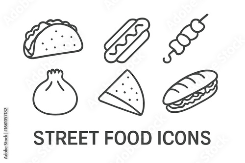Street food icons set. Popular international fast food dishes. Outline vector illustrations of taco, hot dog, kebab, dumpling, crepe, and bánh mì sandwich for menus.