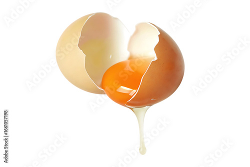 Cracked chicken egg with dripping yolk isolated on a transparent background cracked egg