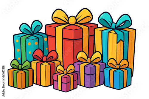 Vector cartoon gift boxes collection. Colorful presents for birthday, christmas, or holiday celebration. Surprise party concept. Festive shopping, sale, and anniversary design.