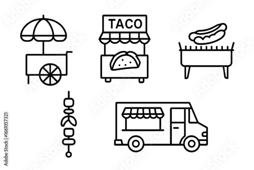 Street food icons. Outline icon set of food vendors. Food cart, taco stand, hot dog grill, kebab skewer, food truck. Vector illustration for mobile kitchen, festival, market.