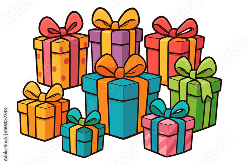 Colorful gift boxes vector illustration set. Cartoon presents with bows for birthday, Christmas, or holiday celebration. Isolated festive surprise package pile for party design.
