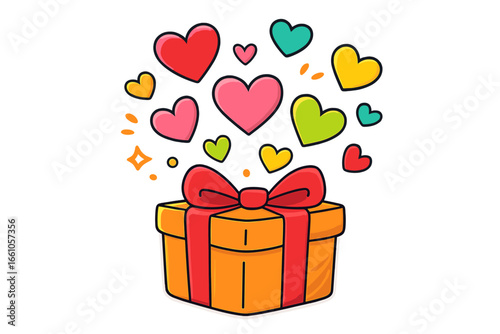 Gift box with colorful hearts. Concept of love, charity, donation, and celebration. Vector illustration for Valentine's Day, birthday, or anniversary. Festive present surprise.