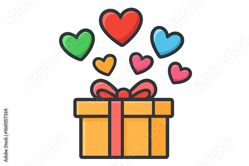 Gift box with colorful hearts vector icon. Symbol of love, charity, and donation. Present for birthday, Valentine's Day, or anniversary. Celebration surprise concept isolated.
