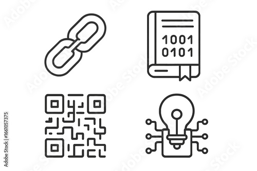 Blockchain technology linear icon set. Vector symbols of chain link, digital ledger, QR code, and smart contract. Concepts for cryptocurrency, fintech, security, and data.