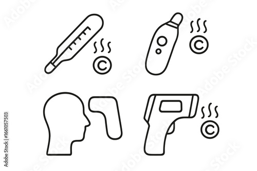 Body temperature monitoring icons. Medical thermometer, non-contact infrared gun, forehead scanner, digital ear tool. Fever check, celsius symptom signs. Health vector set.