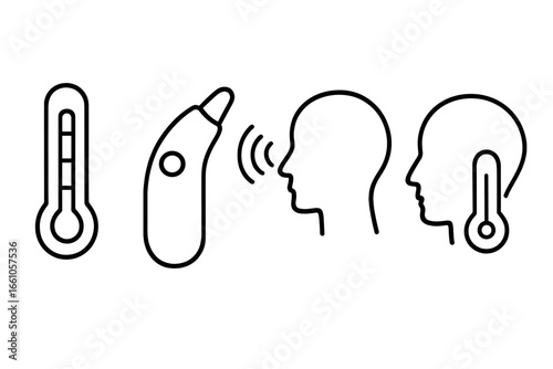 Body temperature icons set. Outline vector illustration of medical fever thermometers. Concept for health monitoring, diagnosis. Includes forehead scanner and ear thermometer.