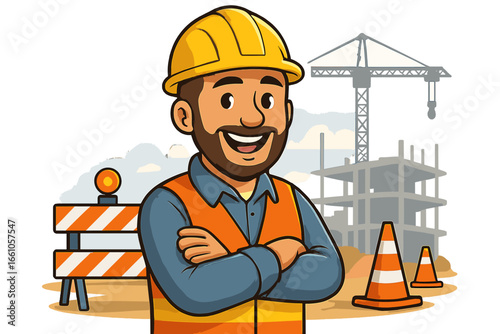 Happy construction worker cartoon character. Smiling builder, foreman or engineer with arms crossed. Man in hard hat at a building site with a crane. Vector mascot illustration.