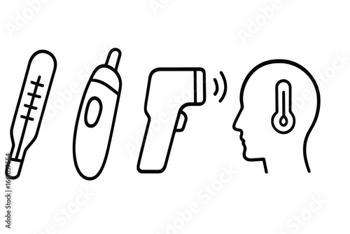 Body temperature icons set. Outline vector illustration of medical thermometers for fever check. Includes classic, ear, and non-contact forehead scanner for health diagnostics.