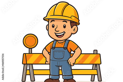 Construction worker cartoon character. Builder man in hard hat and uniform. Under construction concept with road work safety barrier. Labor, industry profession vector illustration.
