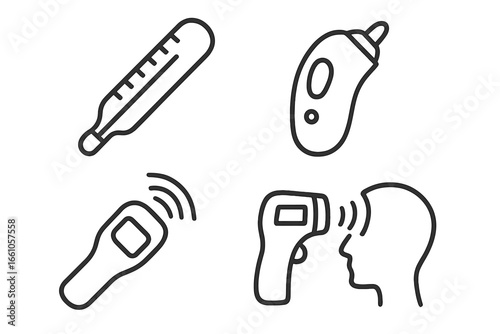 Body temperature icons set. Medical thermometer types for fever check. Outline vector illustration of digital, infrared non-contact, ear and forehead scanner for health monitoring.