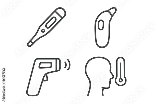 Body temperature monitoring icons. Set of medical thermometers including digital, ear, and infrared forehead scanner. Concept for fever, sickness, diagnosis, and healthcare. Line art.