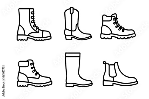 Boot icon set. Collection of footwear in thin line style. Vector illustration of different boot types: combat, cowboy, hiking, work, rain and Chelsea boots. Linear design.