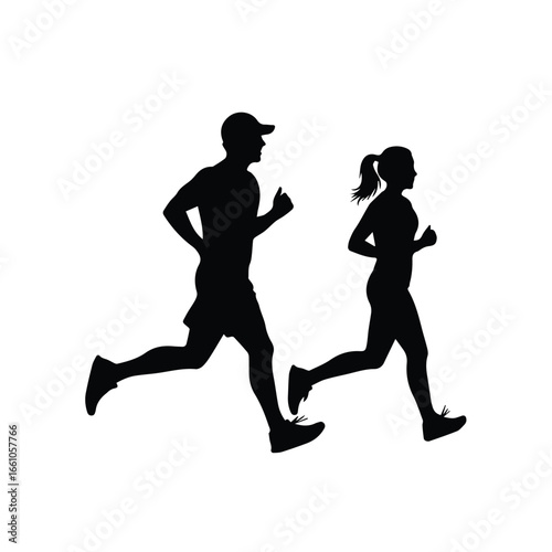 Silhouette of a man wearing a cap and a woman with a ponytail jogging side by side on a white background