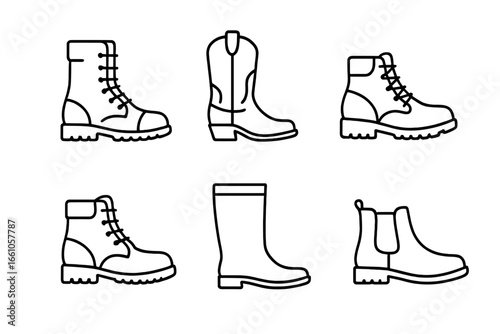 Outline Boot Icon Set Collection. Combat Boot, Cowboy Boot, Hiking Boot, Work Boot, Rain Boot, Chelsea Boot. Vector Footwear Illustration for Fashion, Outdoor, Utility, and Shoe Design Concepts