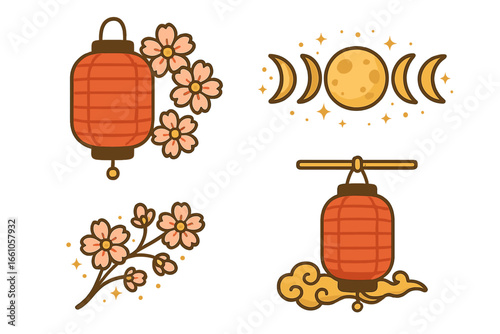 Asian decorative element set. Japanese lantern, cherry blossom, moon phases. Vector cartoon icons for seasonal celebration, Mid-Autumn festival, or spring holiday. Isolated symbol.