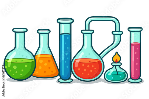 Chemical laboratory glassware with colorful liquids. Science experiment concept with flasks, test tubes, and burner. Vector cartoon illustration for chemistry, research, or education.
