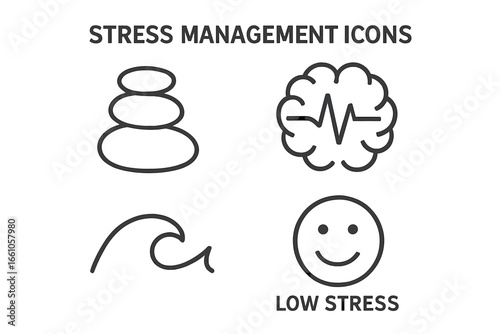 Stress management outline icon set. Mental health, psychology and well being concept. Zen stones for balance, brain with heartbeat, calm wave and low stress smiley vector icons.
