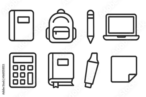 Education and study tools vector icon set. Outline collection of school supplies: notebook, backpack, pencil, laptop, calculator, textbook, highlighter, sticky note. E-learning.