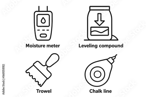 Subfloor preparation vector icon set. Outline icons for flooring installation. Moisture meter, leveling compound, notched trowel, chalk line. Construction and renovation tools.