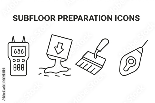 Subfloor preparation outline icon set for flooring installation. Vector icons of moisture meter, self-leveling compound, trowel, and chalk line for construction and repair work.