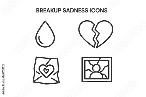 Breakup sadness line icon set. Heartbreak, divorce, relationship problem concept. Mental health, emotional crisis, loneliness, grief. Vector symbols of tear, broken heart.