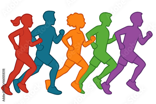 Colorful runner silhouettes in a row. Marathon or race concept. Group of people jogging. Fitness, exercise, and active lifestyle. Vector illustration for sport motivation.