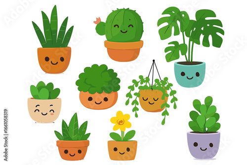 Set of cute kawaii potted plant characters. Vector collection of happy, smiling houseplants, cactus, monstera, and succulents. Cartoon icons for kids. Indoor gardening concept.