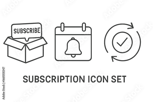 Subscription service benefits outline icon set. Vector line icons for subscribe box, calendar reminder, auto-renew payment. Concept for membership, recurring fee, loyalty program.