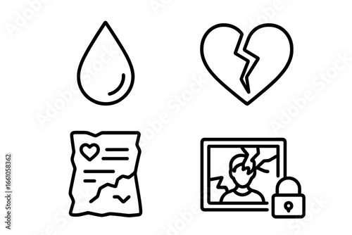 Breakup sadness relationship problem vector line icon set. Broken heart, divorce, grief, pain concept. Teardrop, crumpled love letter, shattered photo frame simple symbols.