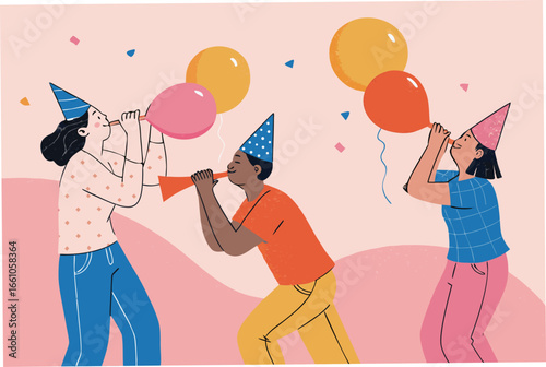 Joyful diverse group celebrates with vibrant party hats and colorful balloons, ecstatic, cheering, fun.