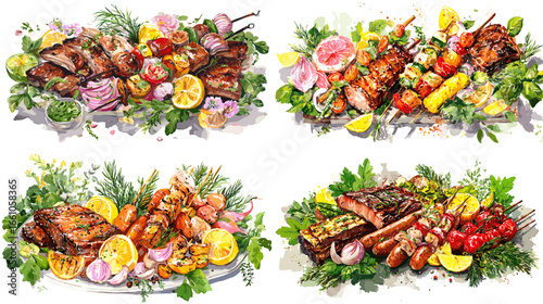 Juicy watercolor illustration of grilled meat and skewers with vegetables and herbs. Perfect for barbecue menus, restaurant branding, summer food posters, or gourmet design concepts.