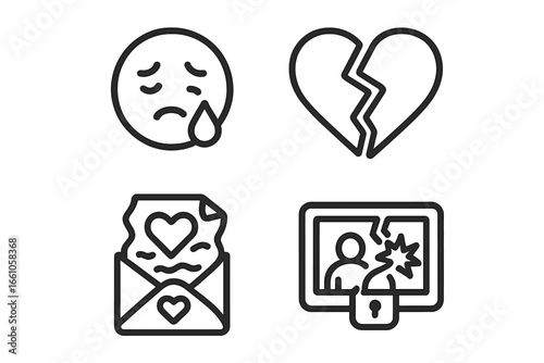 Breakup sadness line icon set. Outline vector symbols of tear, broken heart, crumpled letter, shattered photo. Concept of divorce, heartbreak, depression, relationship problems.