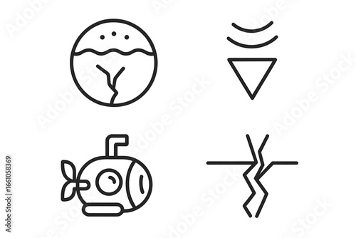 Subsurface scanning on Europa icon set. Space exploration and research concept. Outline icons of submersible, sonar beam, ice crack, and planet with ocean. Science vector.