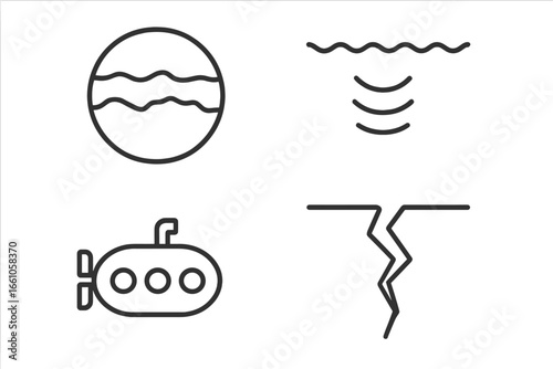 Europa subsurface ocean exploration icon set. Vector symbols for submersible, sonar scan, ice crack, and moon. Science concept for space mission, research and discovery.