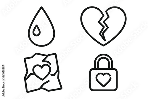 Breakup and sadness icon set. Vector line art symbols of divorce, broken heart, and relationship problems. Teardrop, crumpled love letter, and locked heart icons. Metaphor for grief