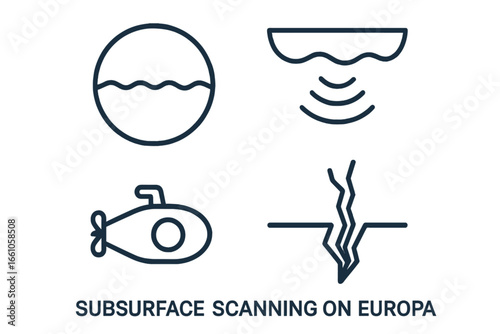 Outline icon set for Europa exploration. Subsurface scanning concepts: sonar waves, submersible vehicle, ice layer crack, and planet with ocean. Science & space mission icons.