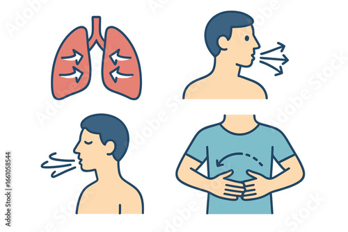 Breathing techniques icon set. Flat vector illustration of breath control, inhale, exhale, deep diaphragmatic breathing and lungs. For yoga, meditation, relaxation, stress relief.