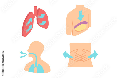 Isometric breathing techniques icons set. Breath control, deep diaphragmatic breathing exercise for relaxation, stress relief, anxiety management. Lungs, airflow vector icons.