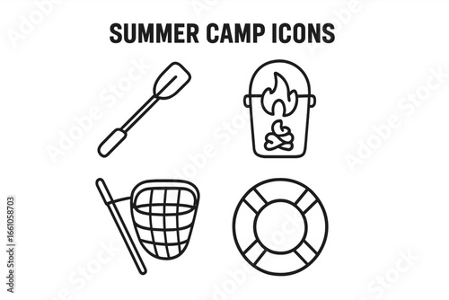 Summer camp outline icon set. Vector collection of camping and adventure symbols. Includes paddle, campfire bucket, fishing net, and lifebuoy for water safety and recreation.