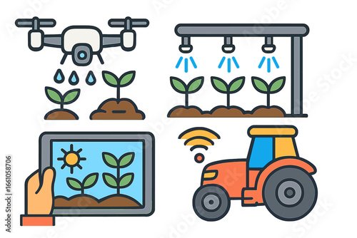 Smart farm technology icon set. Agriculture innovation with drone, autonomous tractor, iot irrigation system, and digital crop management. Vector agritech concept illustration.
