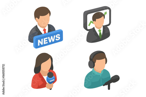 Isometric broadcast icon set. News anchor, reporter, financial analyst, and commentator avatars. Vector illustration for journalism, media, and television concepts.