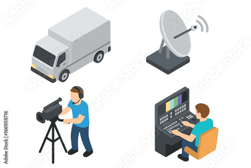 Isometric broadcast truck icon set. Mobile TV production van, satellite dish, camera operator, and director for live news or event coverage. Vector media equipment illustration.