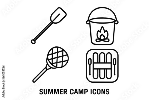 Summer camp outline icon set. Vector symbols for outdoor adventure and recreation. Collection includes canoe paddle, inflatable water raft, fishing net, and campfire safety bucket.